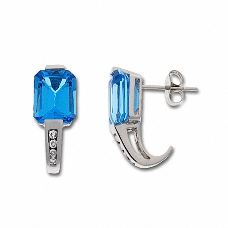 Main Image 1 of Emerald-Cut Blue Topaz Earrings in 14K White Gold with Diamond Accents
