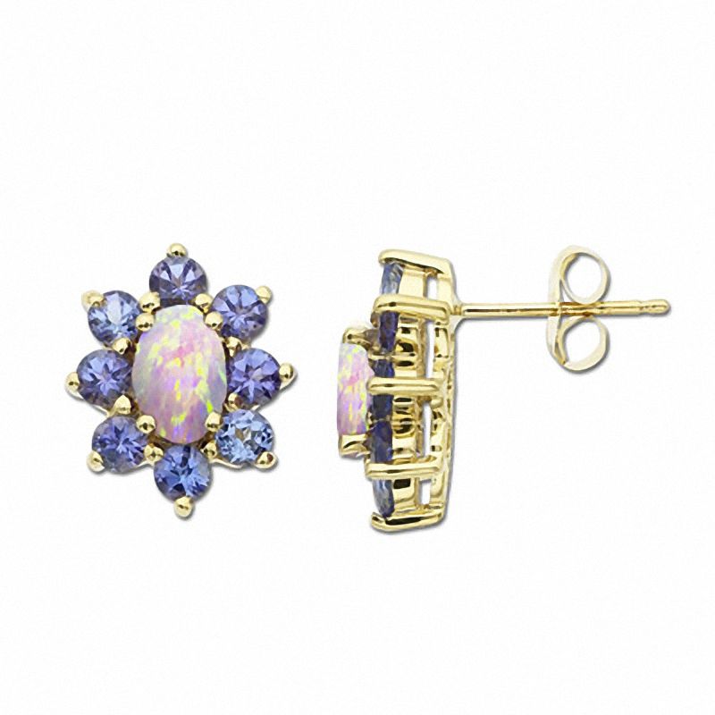 Main Image 1 of Oval Opal and Tanzanite Fashion Earrings in 10K Gold