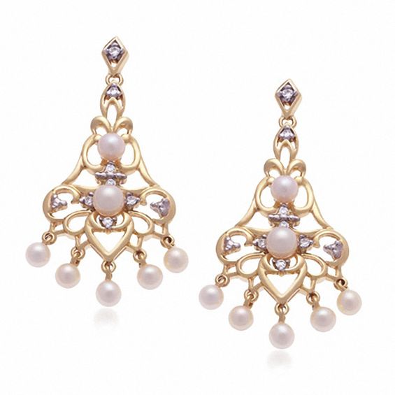 Cultured Freshwater Pearl Chandelier Earrings in 10K Gold with Diamond Accents