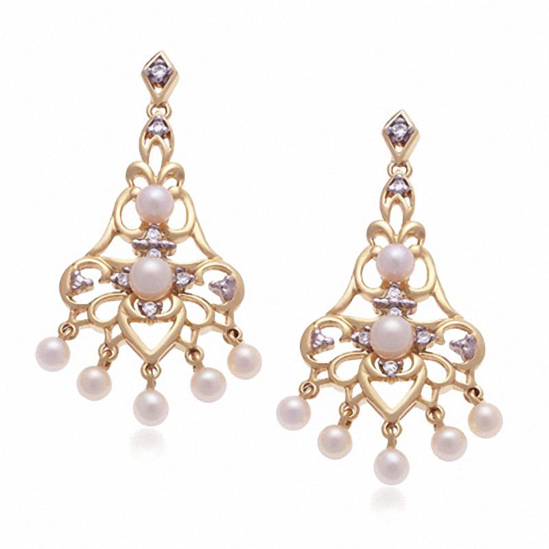 Main Image 1 of Freshwater Cultured Pearl Chandelier Earrings in 10K Gold with Diamond Accents