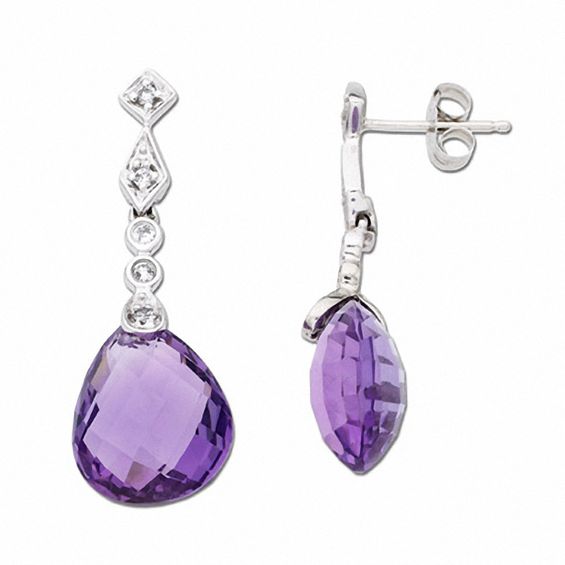 Briolette Amethyst Drop Earrings in 10K White Gold with Diamond Accents