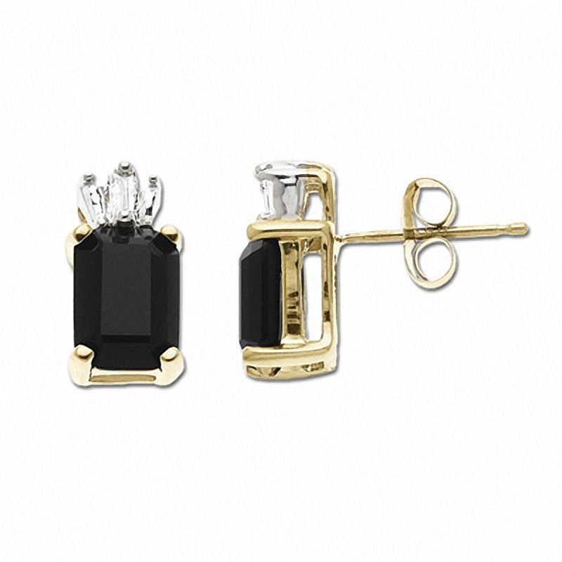 Main Image 1 of Emerald-Cut Onyx Stud Earrings in 10K Gold with Diamond Accents