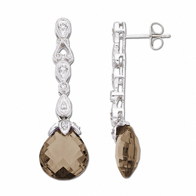 Main Image 1 of Briolette Smoky Quartz Drop Earrings in 14K White Gold with Diamond Accents