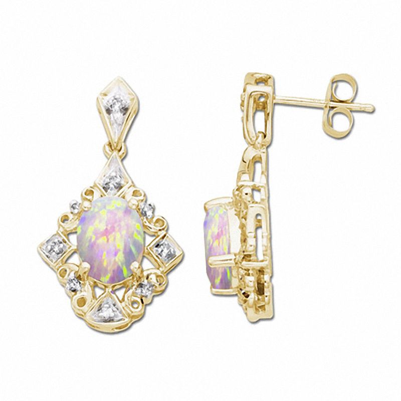 Main Image 1 of Oval Opal Drop Earrings in 14K Gold with Diamond Accents