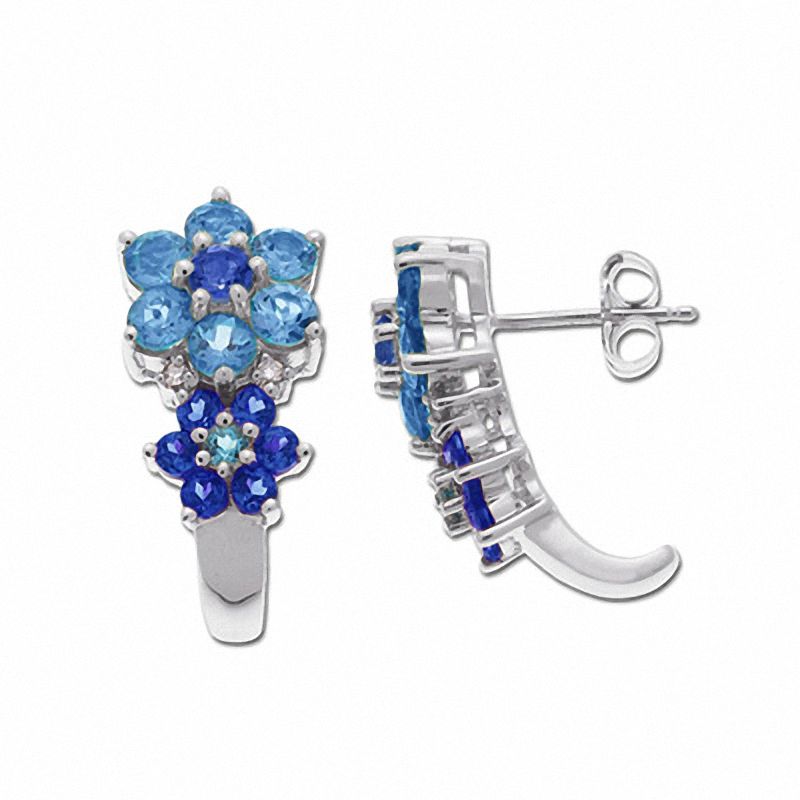 Main Image 1 of Blue Topaz and Iolite Flower Earrings in 14K White Gold with Diamond Accents