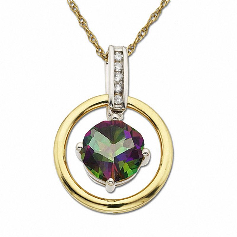 Mystic Green Topaz Circle Pendant in 10K Two-Tone Gold with Diamond Accents
