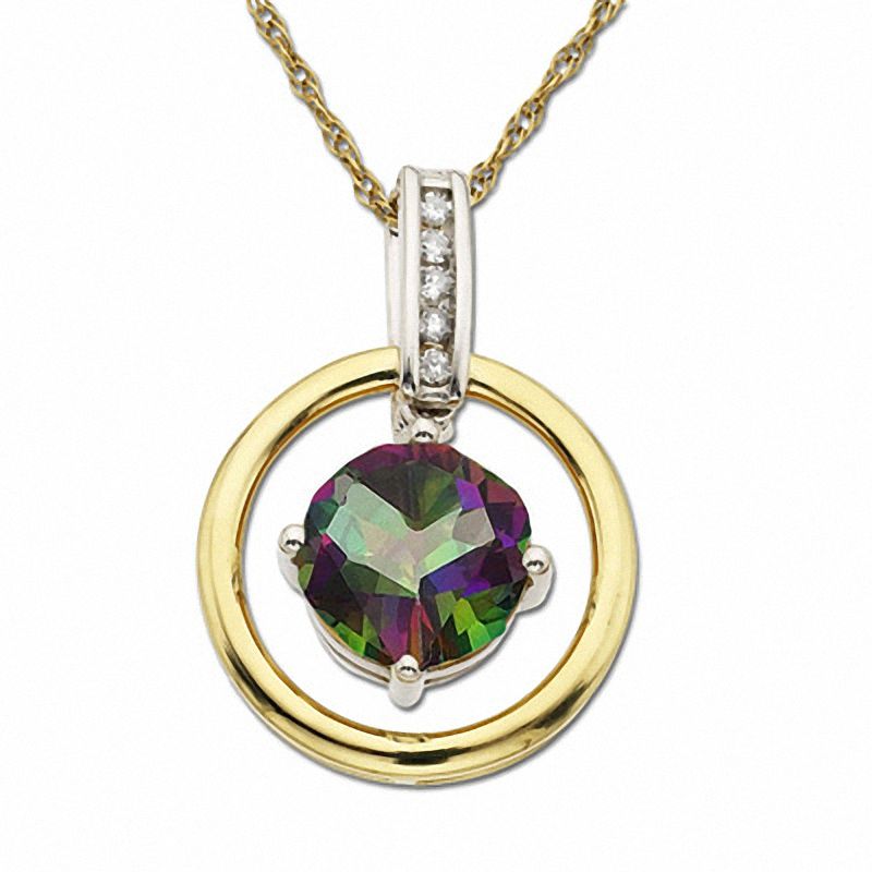 Main Image 1 of Mystic Green Topaz Circle Pendant in 10K Two-Tone Gold with Diamond Accents