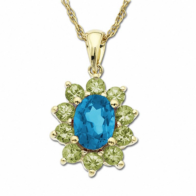 Main Image 1 of Oval Blue Topaz and Peridot Drop Pendant in 14K Gold
