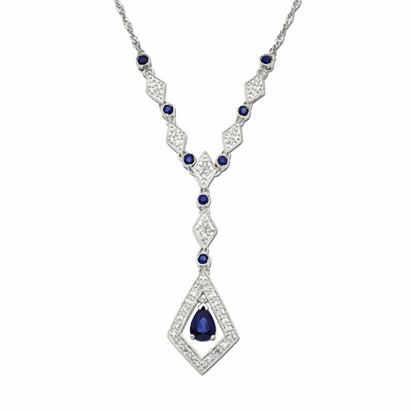 Main Image 1 of Pear-Shaped Blue Sapphire Drop Pendant in 14K White Gold with Diamond Accents