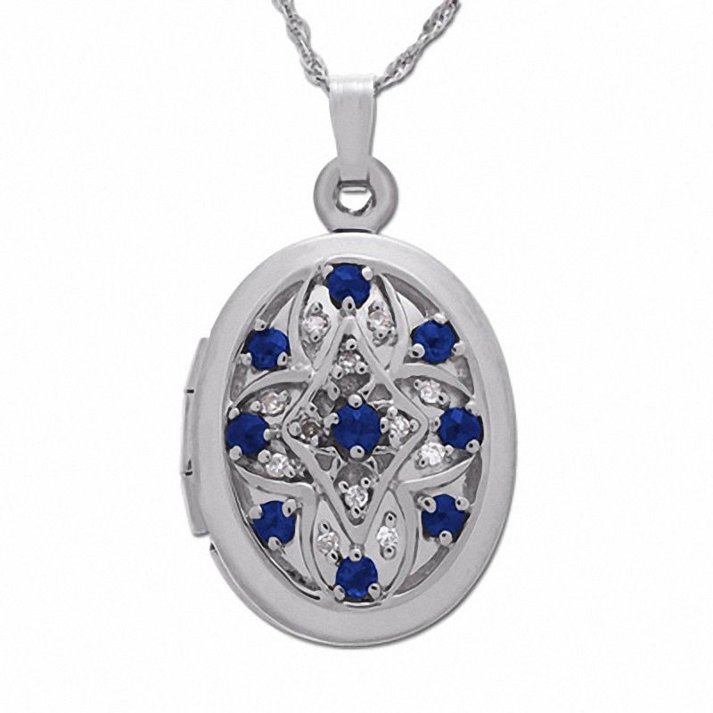 Main Image 1 of Blue Sapphire Oval Drop Pendant in 14K White Gold with Diamond Accents