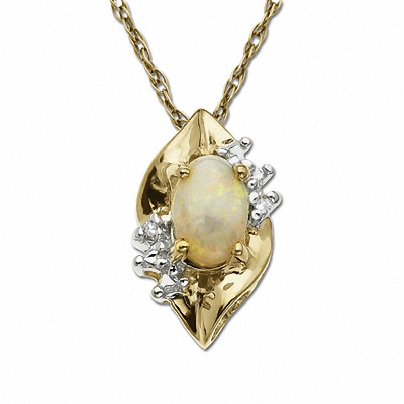 Main Image 1 of Oval Opal Drop Pendant in 14K Gold with Diamond Accents