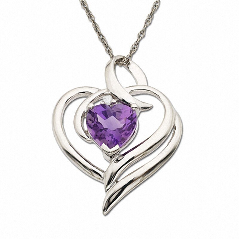 Main Image 1 of Heart-Shaped Amethyst Heart Pendant in 10K White Gold with Diamond Accents