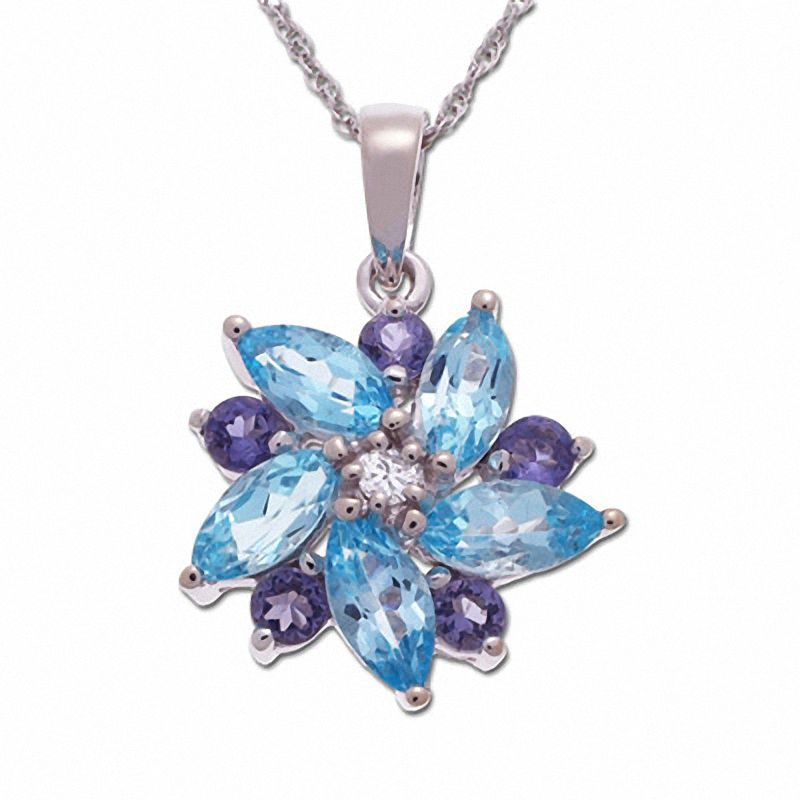 Main Image 1 of Blue Topaz and Iolite Flower Pendant in 10K White Gold with Diamond Accents