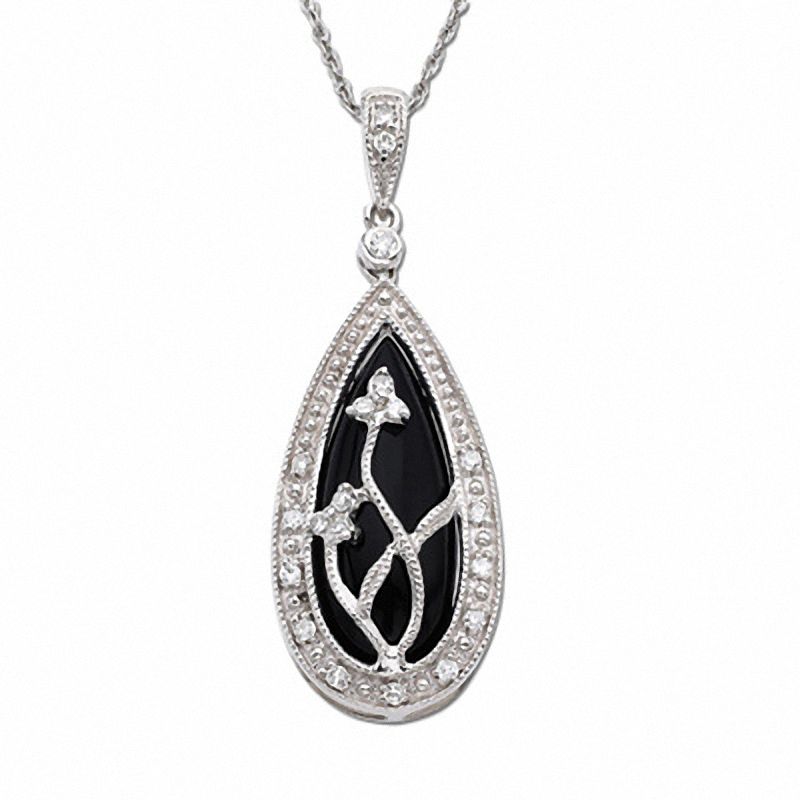 Main Image 1 of Onyx Teardrop Pendant in 10K White Gold with Diamond Accents