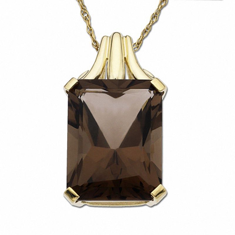 Main Image 1 of Emerald-Cut Smoky Quartz Drop Pendant in 10K Gold