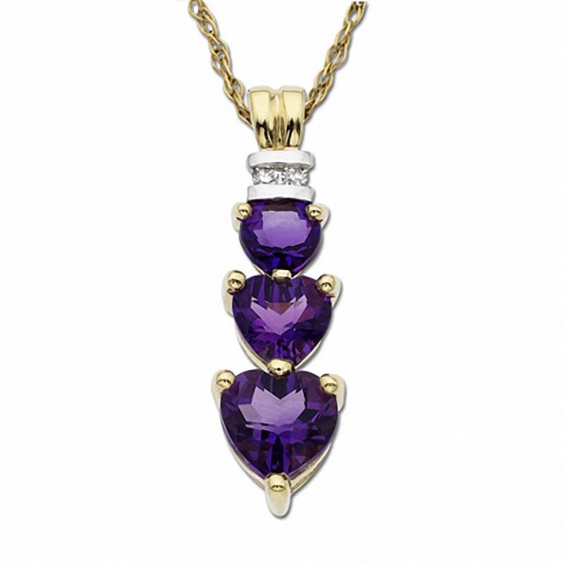 Main Image 1 of Heart-Shaped Amethyst Drop Pendant in 10K Gold with Diamond Accents