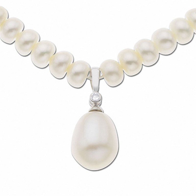 Cultured Freshwater Pearl Drop Necklace in 10K Gold with Diamond Accents