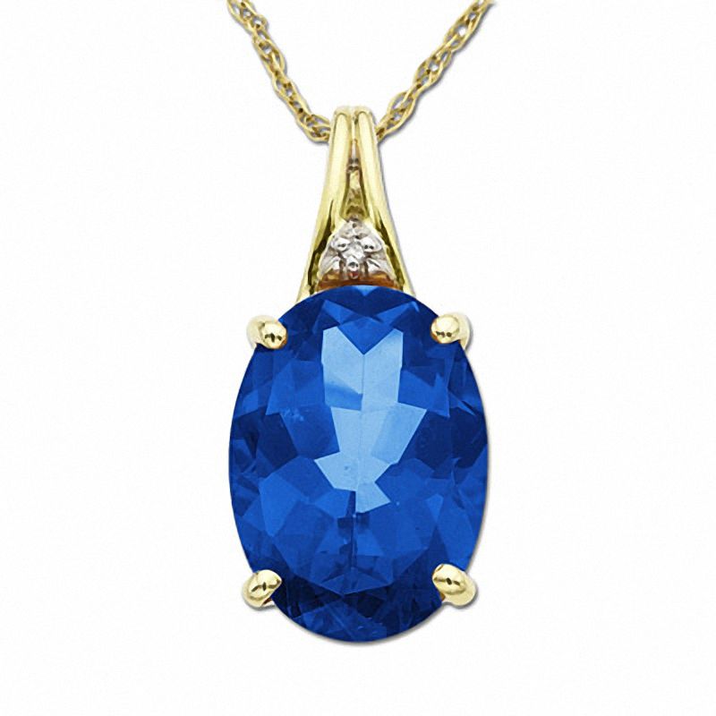 Main Image 1 of Oval Mystic English Blue Topaz Drop Pendant in 10K Gold with Diamond Accents