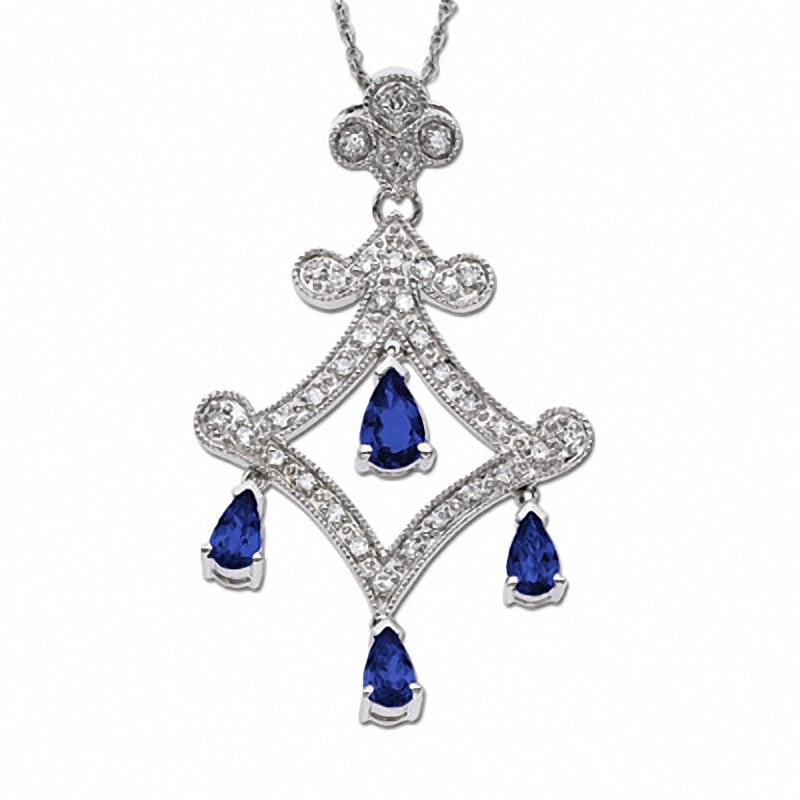 Main Image 1 of Pear-Shaped Blue Sapphire Drop Pendant in 14K White Gold with Diamond Accents
