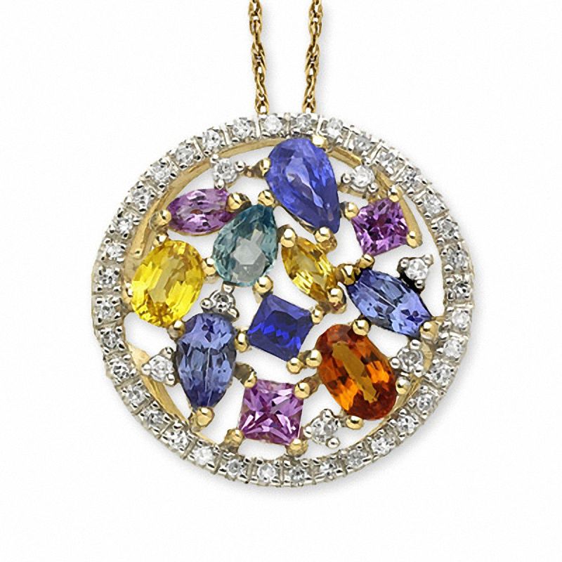 Multi-Color Sapphire Circle Pendant in 14K Gold with Diamond Accents
