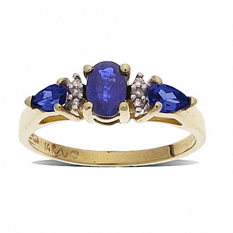 Main Image 1 of Blue Sapphire Three Stone Ring in 10K Gold with Diamond Accents