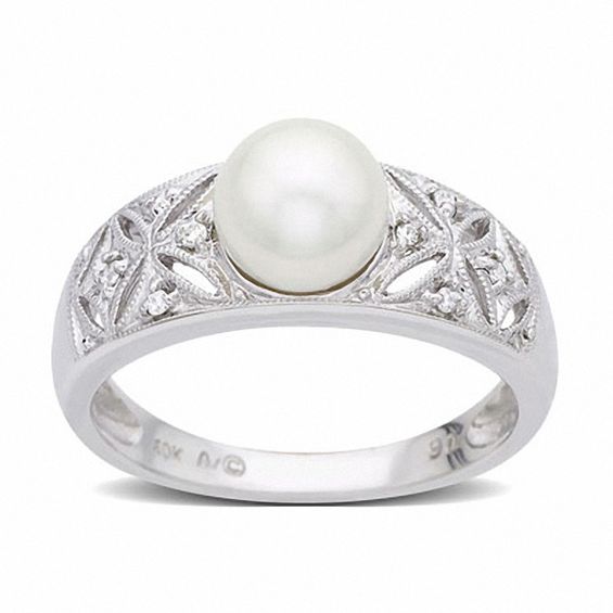 Cultured Freshwater Pearl Ring in 10K White Gold with Diamond Accents