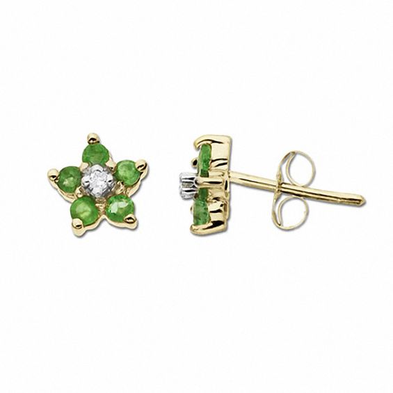 Emerald Flower Stud Earrings in 10K Gold with Diamond Accents
