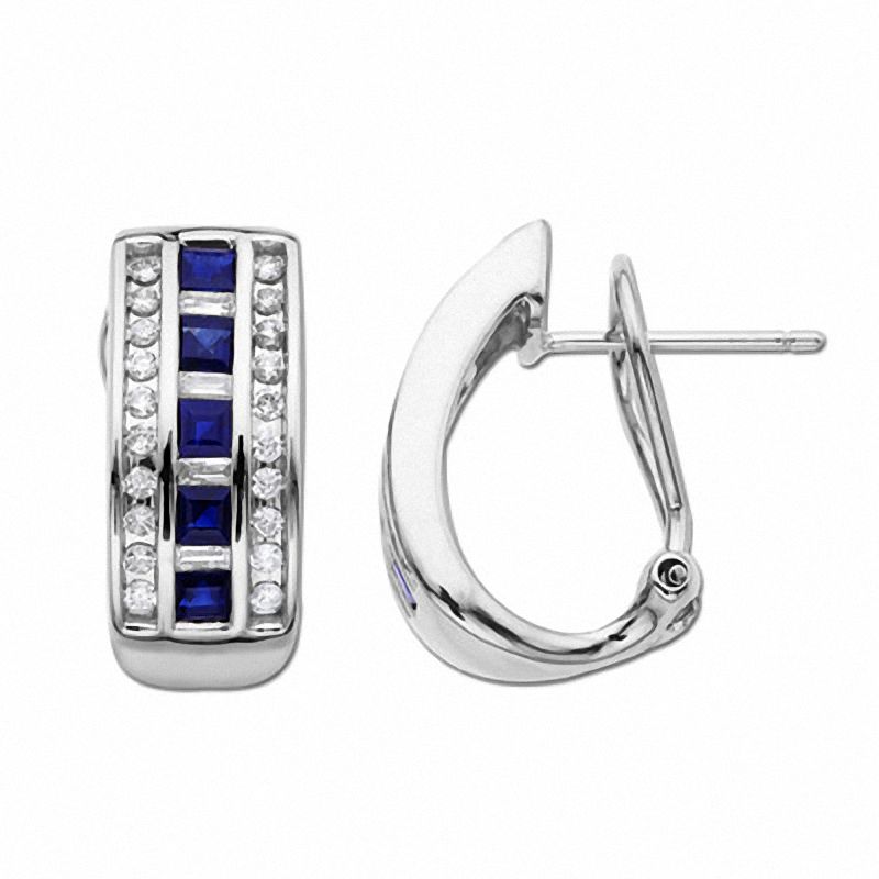 Main Image 1 of Blue Sapphire and Diamond Hoop Earrings in 14K White Gold