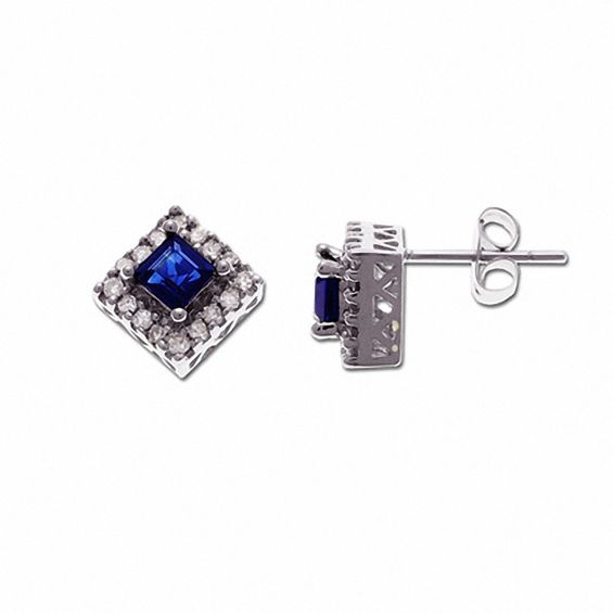 Square Blue Sapphire Stud Earrings in 14K White Gold with Diamond Accents