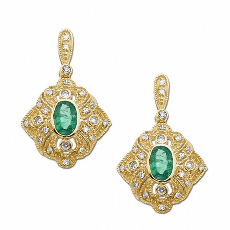 Main Image 1 of Oval Emerald and Diamond Drop Earrings in 14K Gold