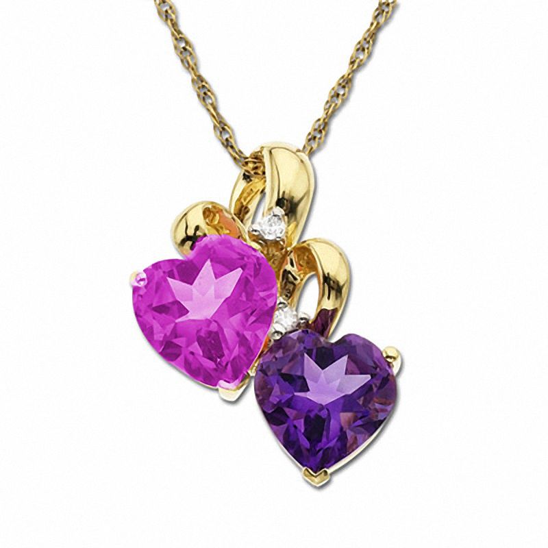 Main Image 1 of Heart-Shaped Amethyst and Lab-Created Pink Sapphire Drop Pendant in 10K Gold with Diamond Accents