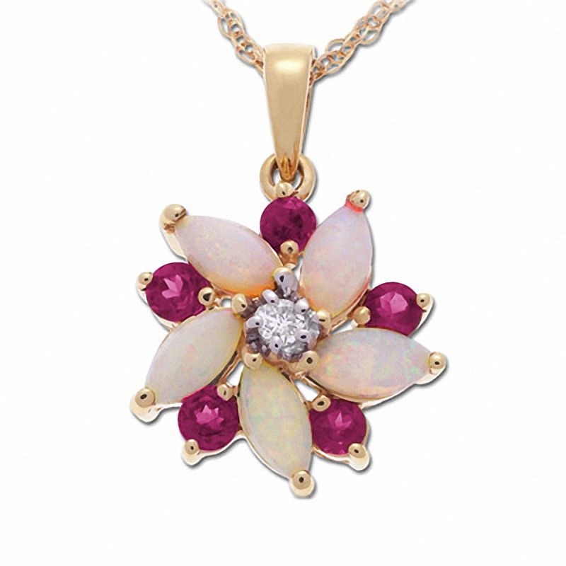 Main Image 1 of Marquise Opal and Pink Tourmaline Flower Pendant in 10K Gold with Diamond Accent