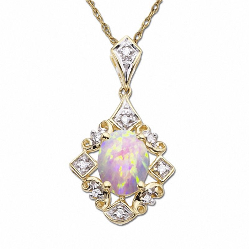Main Image 1 of Oval Opal Drop Pendant in 14K Gold with Diamond Accents