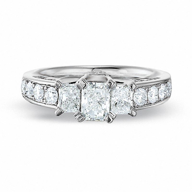 Main Image 1 of 1-1/2 CT. T.W. Radiant Cut Diamond Three Stone Ring in 14K White Gold