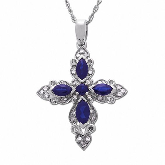 Marquise Blue Sapphire Cross Pendant in 10K White Gold with Diamond Accents