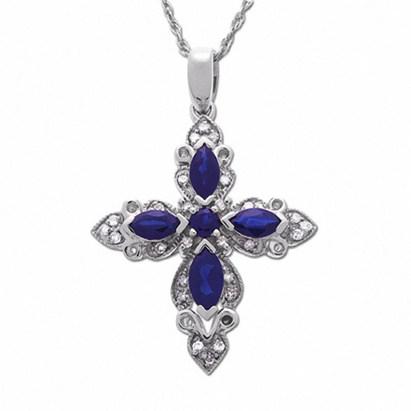 Main Image 1 of Marquise Blue Sapphire Cross Pendant in 10K White Gold with Diamond Accents