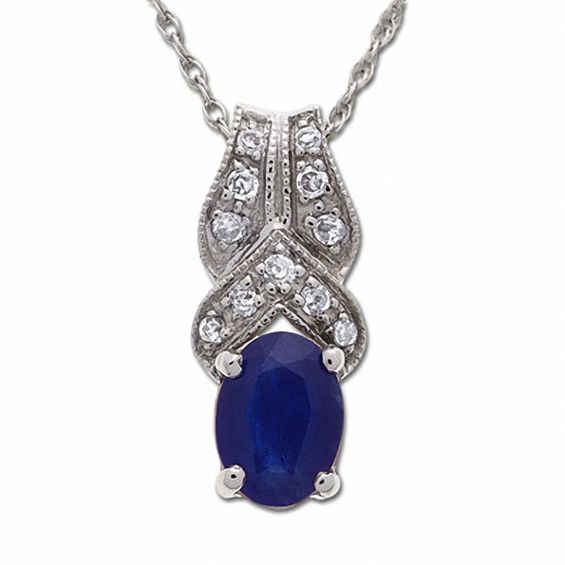 Oval Blue Sapphire Drop Pendant in 14K White Gold with Diamond Accents