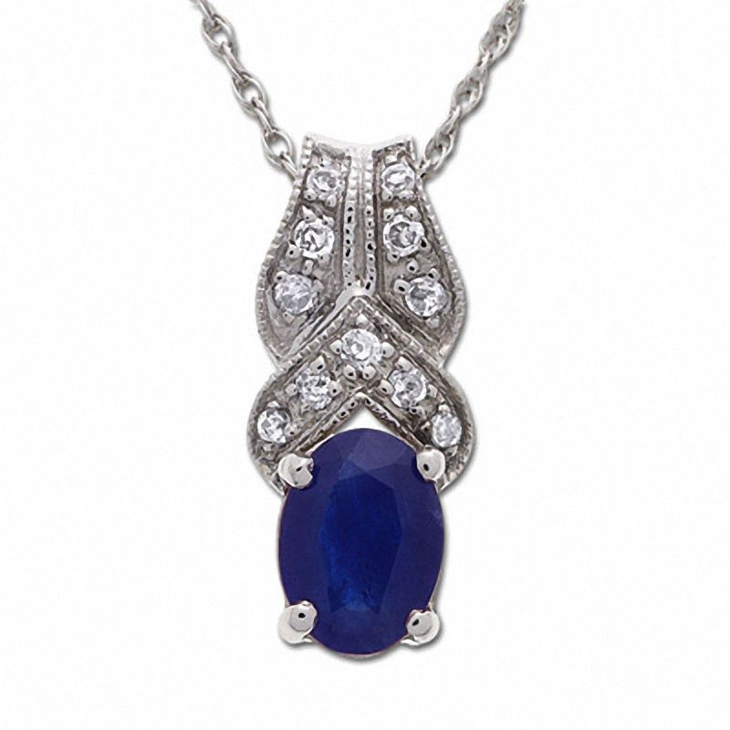 Main Image 1 of Oval Blue Sapphire Drop Pendant in 14K White Gold with Diamond Accents