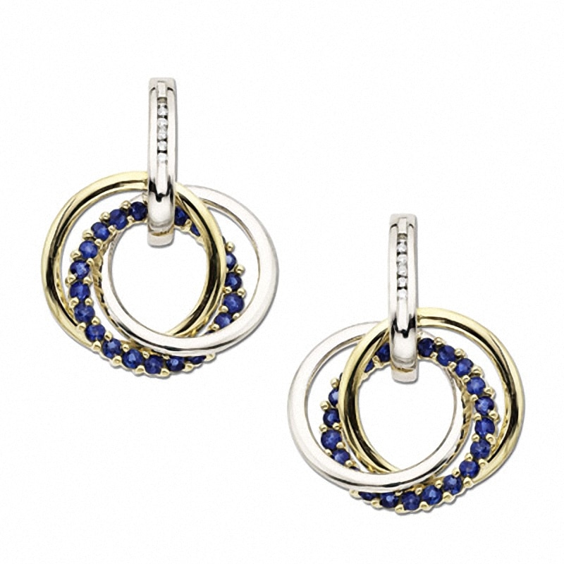 Main Image 1 of Blue Sapphire Circle Drop Earrings in 10K Two-Tone Gold with Diamond Accents