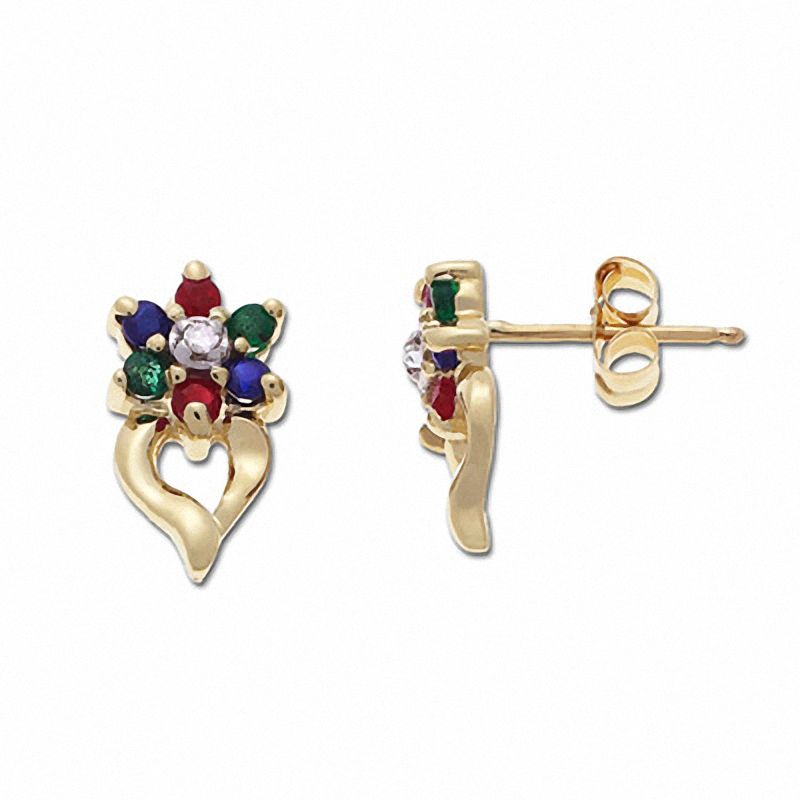 Main Image 1 of Emerald, Ruby, and Sapphire Flower Earrings in 10K Gold with Diamond Accents