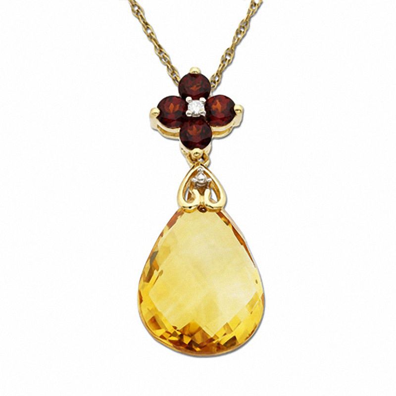 Briolette Citrine and Garnet Flower Drop Pendant in 14K Gold with Diamond Accent