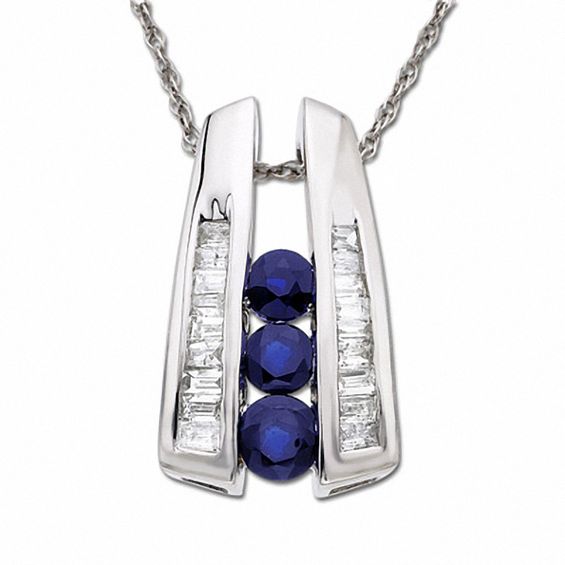Blue Sapphire Ladder Pendant in 10K White Gold with Diamond Accents