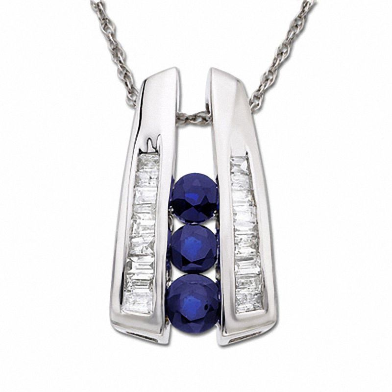 Main Image 1 of Blue Sapphire Ladder Pendant in 10K White Gold with Diamond Accents