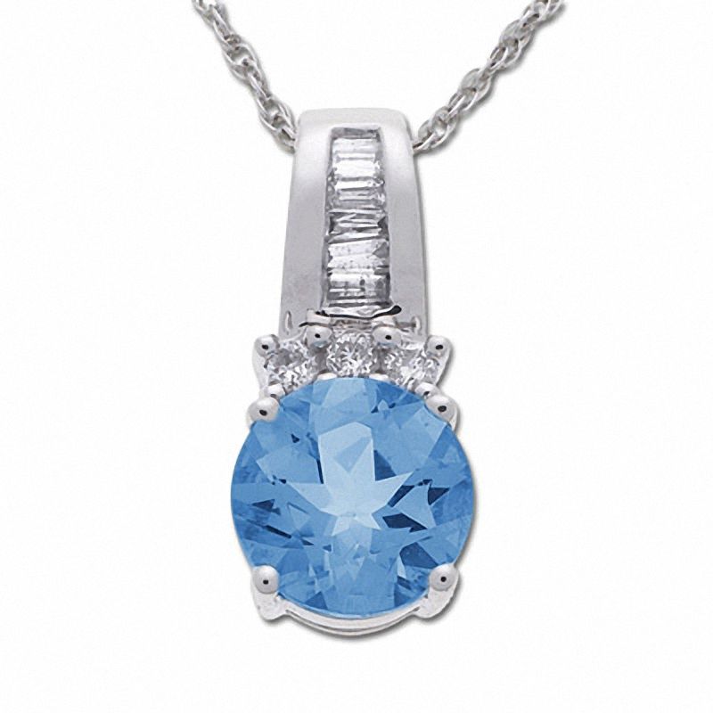Main Image 1 of Blue Topaz Drop Pendant in 10K White Gold with Diamond Accents