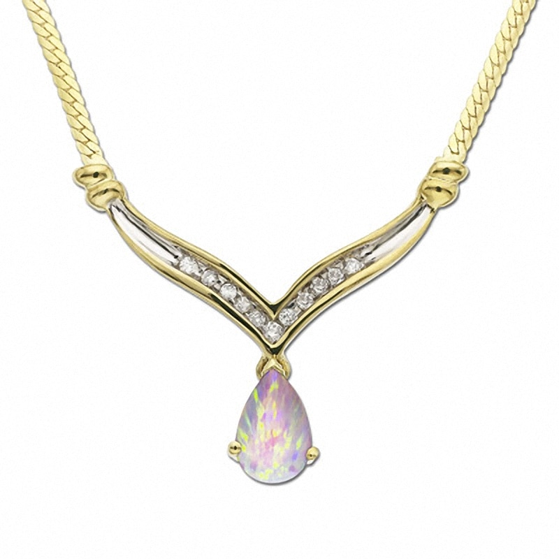Main Image 1 of Pear-Shaped Opal Drop Necklace in 10K Gold with Diamond Accents