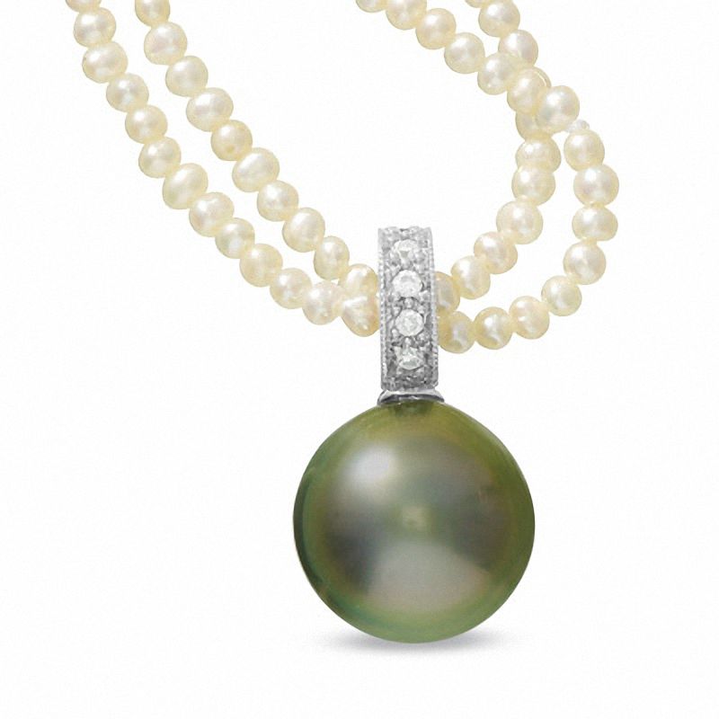 Main Image 1 of Seed Pearl Necklace with Tahitian Cultured Pearl Drop with Diamond Accents in 14K White Gold