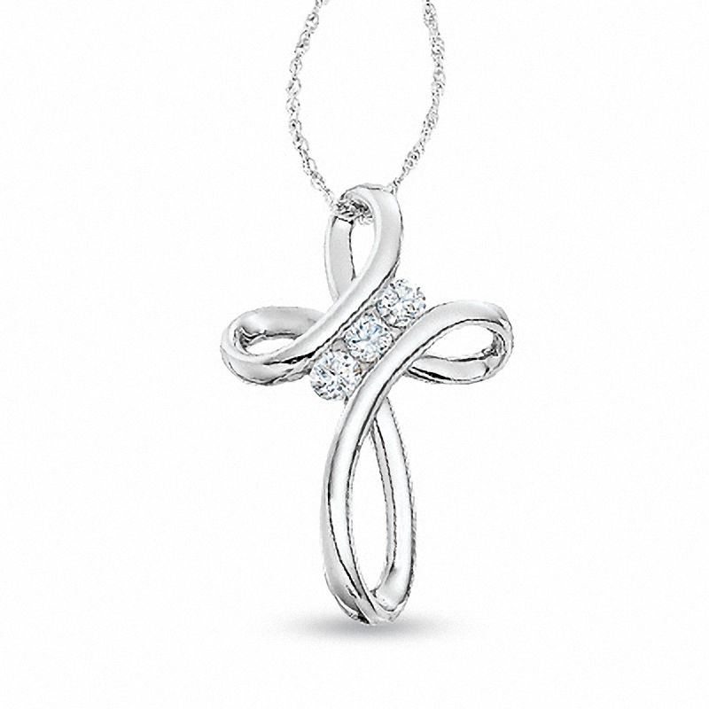 Main Image 1 of 1/4 CT. T.W. Diamond Three Stone Cross Pendant in 10K White Gold