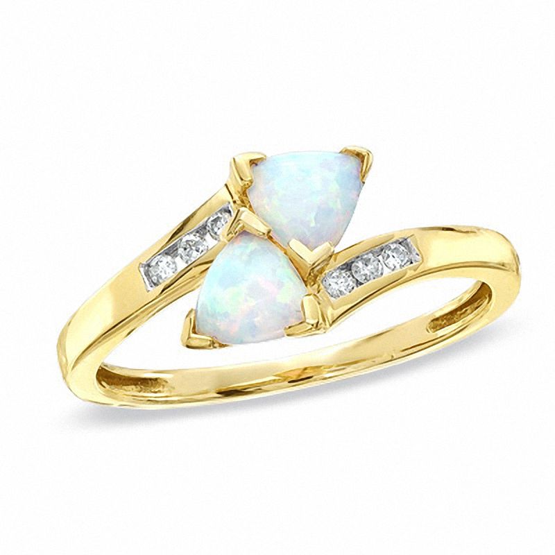 Main Image 1 of Lab-Created Trillion Cut Opal Bypass Ring in 10K Gold with Diamond Accents