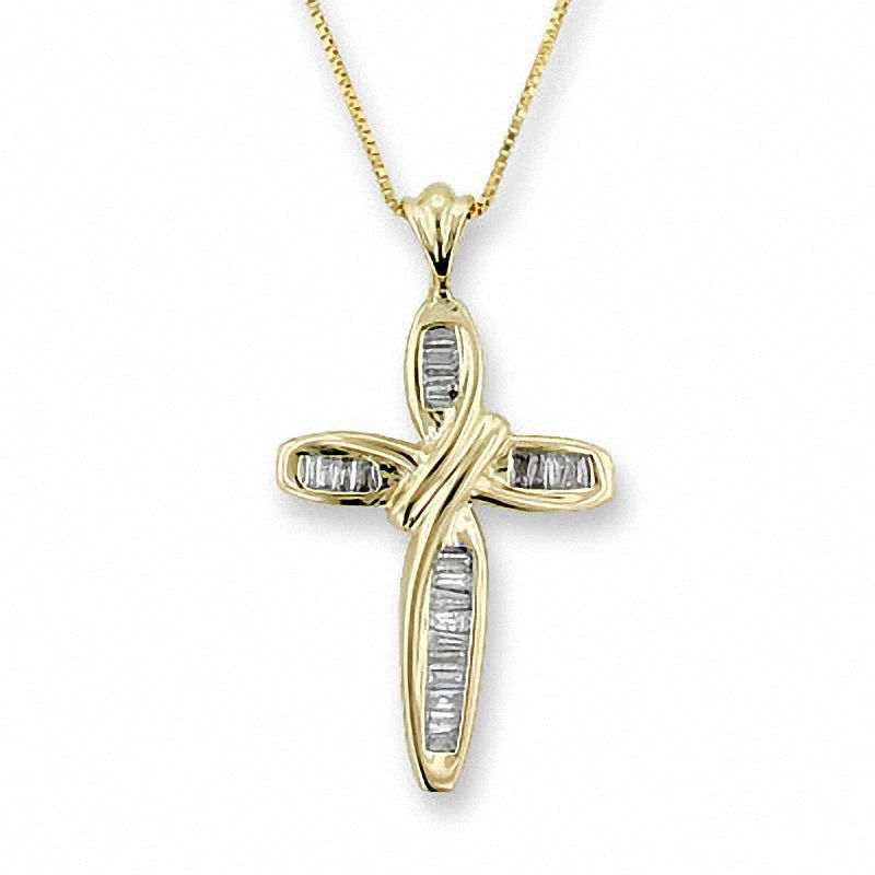 Main Image 1 of Baguette Diamond Cross Pendant in 10K Gold