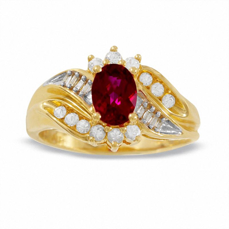Main Image 1 of Lab-Created Ruby and White Sapphire Cluster Ring with Diamond Accents in 10K Gold